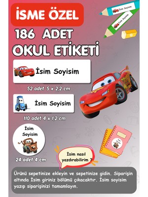 Burak Baskı Tasarım Cars Arabalar Temalı Okul Etiketi Isme Özel Kalem Defter Kitap Etiketi - 186 Adet- E-001