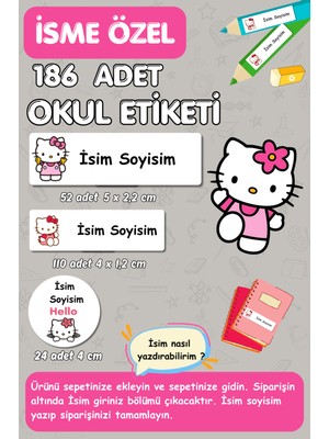 Burak Baskı Tasarım Hello Kitty Temalı /isme Özel Etiket / Okul Etiketi , Kalem Defter Kitap Etiketi 186 Adet/ E-002