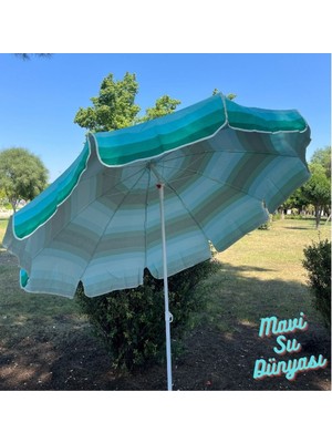 Mavi Su Dünyası Plaj Şemsiyesi (Pamuk Kumaş) Deniz, Balkon, Bahçe (Bidonsuz) 2 Metre, 10 Telli