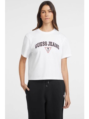 Guess Kadın Boxy Logolu Beyaz T-Shirt