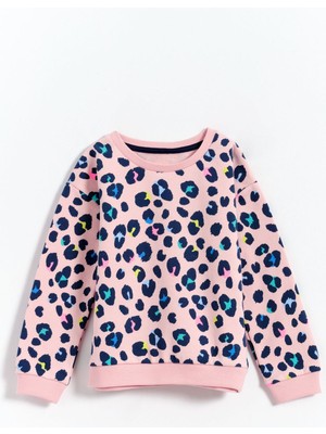 Pamuk Renkli Leopar Desen Kız Çocuk Sweatshirt - Pembe