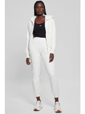 Guess Kadın Beyaz Kapüşonlu Fermuarlı Sweatshirt Uzun Kol Düz Desen ile Şık Görünüm