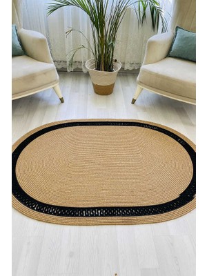 Premium Naturel Siyah Oval Dekoratif Kilim Salon Halısı Oturma Odası Halsı 5002