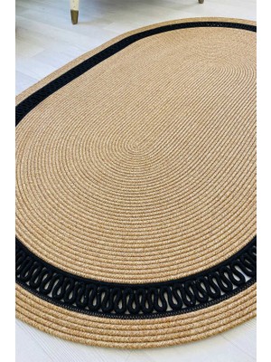 Premium Naturel Siyah Oval Dekoratif Kilim Salon Halısı Oturma Odası Halsı 5002