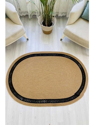 Premium Naturel Siyah Oval Dekoratif Kilim Salon Halısı Oturma Odası Halsı 5002