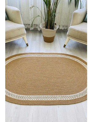 Premium Naturel Krem Oval Dekoratif Kilim Salon Halısı Oturma Odası Halsı 5001