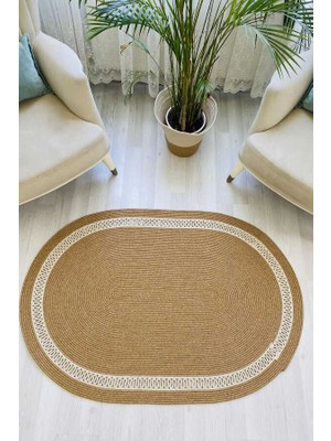 Premium Naturel Krem Oval Dekoratif Kilim Salon Halısı Oturma Odası Halsı 5001