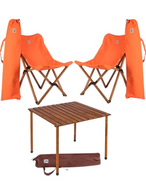 Bag The Joy Ahşap Katlanır Masa Sandalye Seti Kahverengi - Turuncu Kılıf 70X70X55 Kahverengi Masa