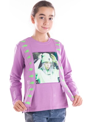 Kız Çocuk Önü Kız Resim Baskılı Lila Renk Sweatshirt