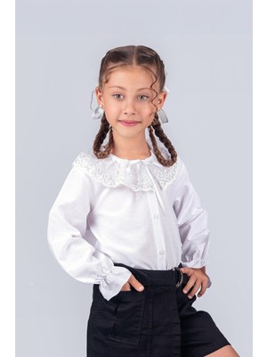 Trend Baby Kids Kız Çocuk Okul Gömleği Tül Yaka 5-8 Yaş