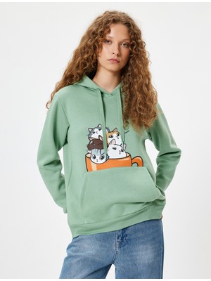 Oversize Kapüşonlu Sweatshirt Kedi Baskılı Kanguru Cepli Şardonlu