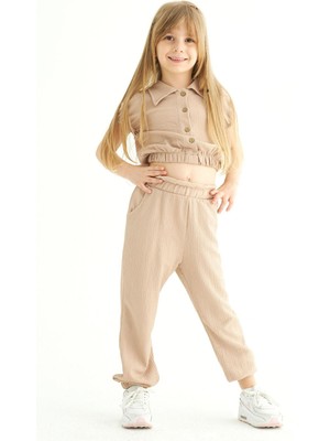 Bisiklet Yaka Kısa Kol Karpuz Kollu Gomleklı Bej Renk Kız Çocuk Pantolon Takım