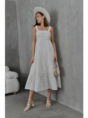 Parkkaron Kadın Taş Kalın Askılı Drapeli Gipeli Astarlı Dokuma Elbise