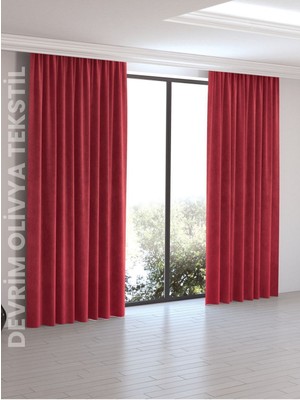 Shy Tekstil Lüks Düz Dikim Kırmızı Ada Fon Perde En x Yükseklik