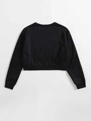 Kadın Basic Crop Içi Polarlı Oversize Sweatshirt - Siyah