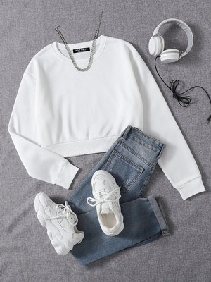 Kadın Basic Crop Içi Polarlı Oversize Sweatshirt - Ekru