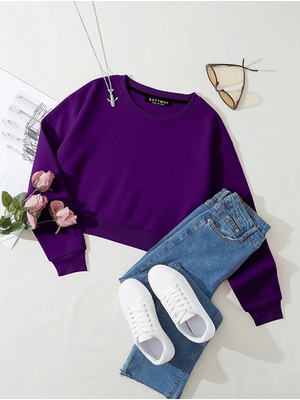 Softway Kadın Basic Crop Içi Polarlı Oversize Sweatshirt - Mor