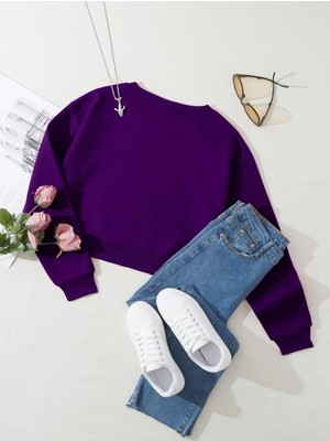 Softway Kadın Basic Crop Içi Polarlı Oversize Sweatshirt - Mor