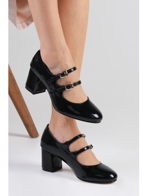 Mio Gusto Mio Gusto Tiana Siyah Rugan Yuvarlak Burunlu Kadın Topuklu Ayakkabı