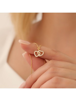 Nox Jewelry 14K Altın Kaplama Çift Kalp Taşlı Gümüş Kolye - Zarif Kalp Kolye Sevgiliye Hediye - CNS00526