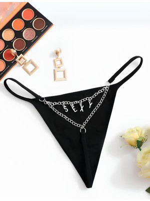 Helen Nuit Siyah Sexy Yazılı Zincir Detaylı Tanga String