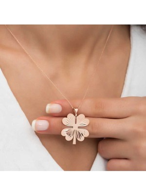 Ervanur 925 Ayar Gümüş Rose Dört Yaprak Rose Yonca Kadın Kolye