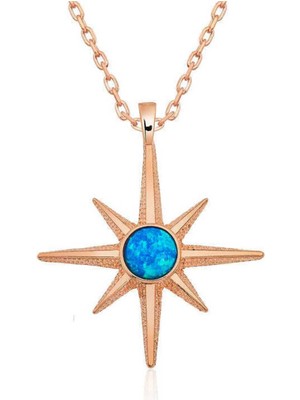 Ervanur 925 Ayar Gümüş Rose Mavi Opal Taşlı Kutup Yıldızı Kolye