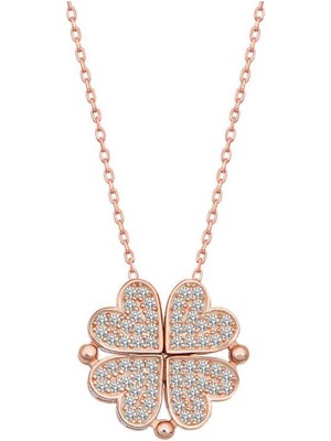 Ervanur 925 Ayar Gümüş Rose Kalpli Açılabilen Yonca Kadın Kolye