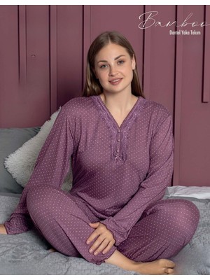 Pijamerry Kadın Büyük Beden Dantel Yaka Bambu Uzun Kol Pijama Takımı 5166 - 1 Adet