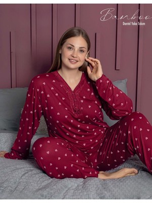 Pijamerry Kadın Büyük Beden Dantel Yaka Bambu Uzun Kol Pijama Takımı 5165 - 1 Adet