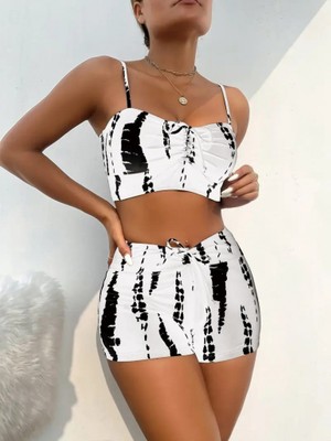 Cg Boutique Kadın Büzgü Detay Askılı Crop Mini Tayt Ikili Takım