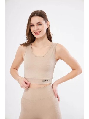 Cg Boutique Fitilli Baskılı Crop - Bej