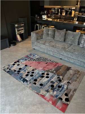 Rugs Modern Shape Koleksiyonu Mavi Pembe Puantiye Desenli Dokuma Taban Modern Dekoratif Halı SHAPE80