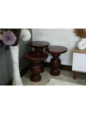 Simillo Home & Living Wood Wooden 3’lü Set Karpuz Model Mantar Yan Sehpa Modern Koyu Ceviz Renk Fiskos