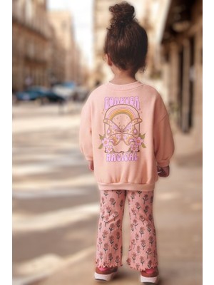 Lolli Boom Kids  Kız Çocuk Slogan Yazılı Çiçek  Desenli Pamuklu Sweatshirt Ispanyon Taytlı Alt-Üst Takım Toz Pembe Renk