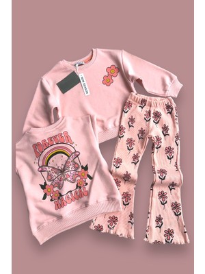 Lolli Boom Kids  Kız Çocuk Slogan Yazılı Çiçek  Desenli Pamuklu Sweatshirt Ispanyon Taytlı Alt-Üst Takım Toz Pembe Renk