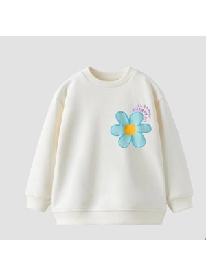 Lolli Boom Kids  Kız Çocuk Ekru - Mavi Papatya Baskılı Ispanyol Paça Taytlı Sweatshirt 3 Iplik 2 Parça Alt Üst Takım