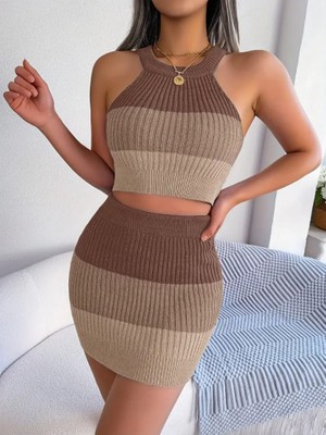 Cg Boutique Kadın Kolsuz Halter Yaka Crop ve Mini Etek Ikili Triko Takım