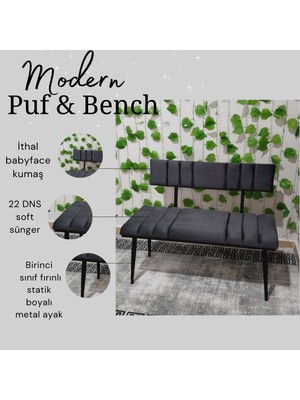 Özcan Mobilya Aksesuar Siyah Metal Ayaklı Metal Kasalı Sırtlı Mutfak Salon Antre Yatak Odası Balkon Puf Bank Bench Oturak