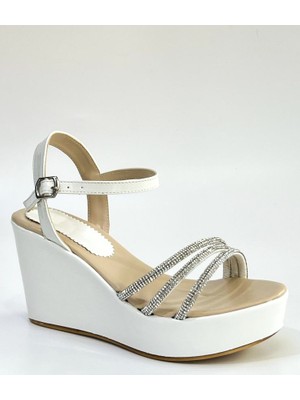 Bulutmod Bulutmod Ba04099 Beyaz Kadın Üç Taşlı Abiye Günlük Dolgu Topuklu Ayakkabı - Beyaz - 37