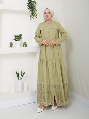 Vellichor Dantelli Doğal Kumaşlı Boydan Düğmeli Kot Elbise