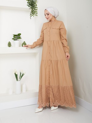 Vellichor Dantelli Doğal Kumaşlı Boydan Düğmeli Kot Elbise