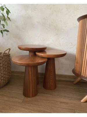 Simillo Home & Living Wood Wooden 3’lü Set Fitilli Mantar Yan Sehpa Modern Açık Ceviz Renk Fiskos