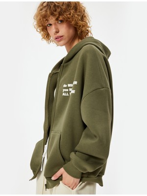 Koton Oversize Fermuarlı Sweatshirt Kapüşonlu Cep Detaylı Baskılı Ribanalı Şardonlu