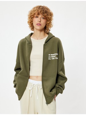 Koton Oversize Fermuarlı Sweatshirt Kapüşonlu Cep Detaylı Baskılı Ribanalı Şardonlu