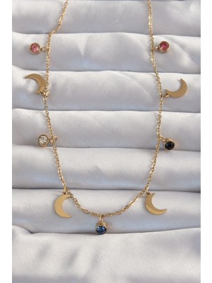 Clariss 316L Çelik Gold Renk Ay Model Renkli Zirkon Taşlı Kolye