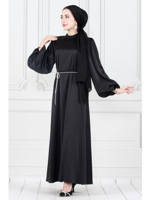 Sevitli Balon Kol Bel Ipi Taş Detaylı Ece Abiye-Siyah