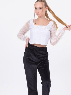 Zekids Kız Çocuk Simli Kolları Büzgülü Tül Bluz