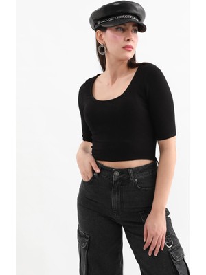 Yarım Kol Fitilli Crop Top Siyah