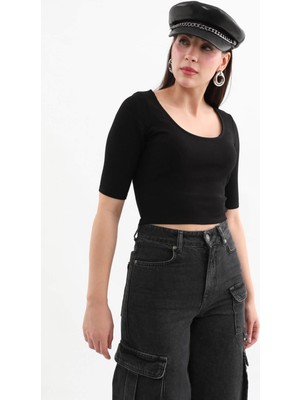 Yarım Kol Fitilli Crop Top Siyah